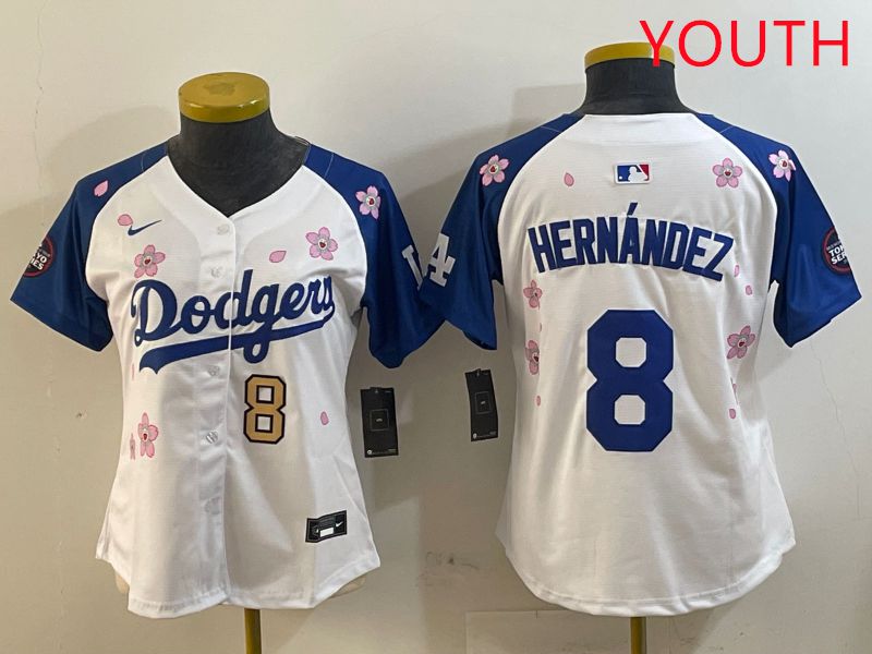 Youth Los Angeles Dodgers #8 Hernandez White Blue Sakura Edition 2025 Nike MLB Jersey style 8->youth mlb jersey->Youth Jersey